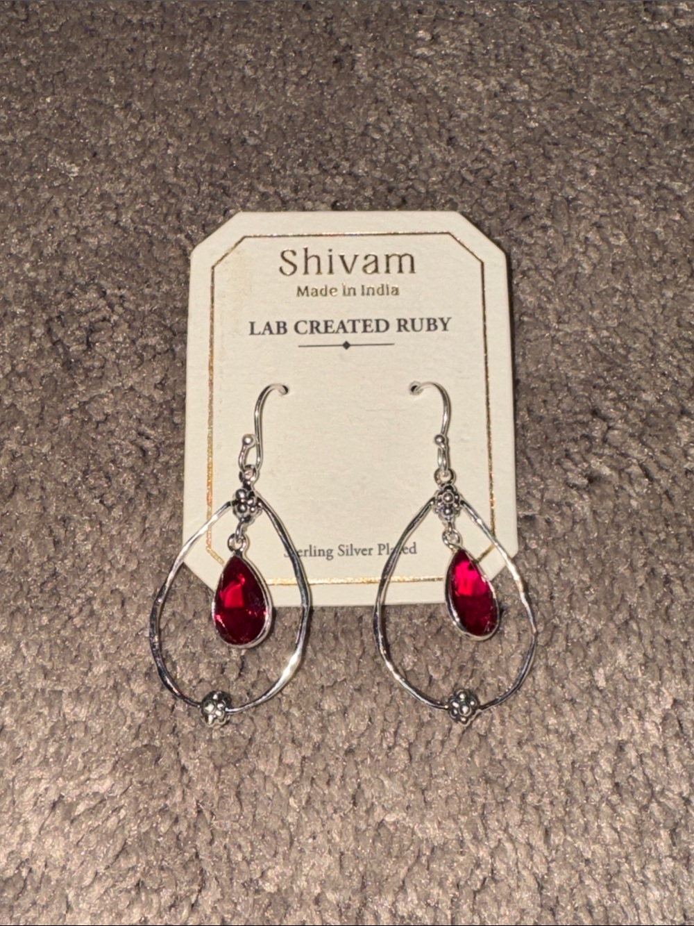 Shivam Lab Created Ruby Sterling Silver Plated Oval Dangle Drop Pendant Earrings
